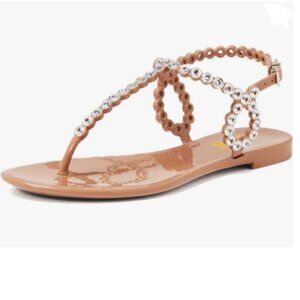 FYS Nude Round Split Toe Sandals Rivet Studded Strappy Flats Cool Beach Shoes